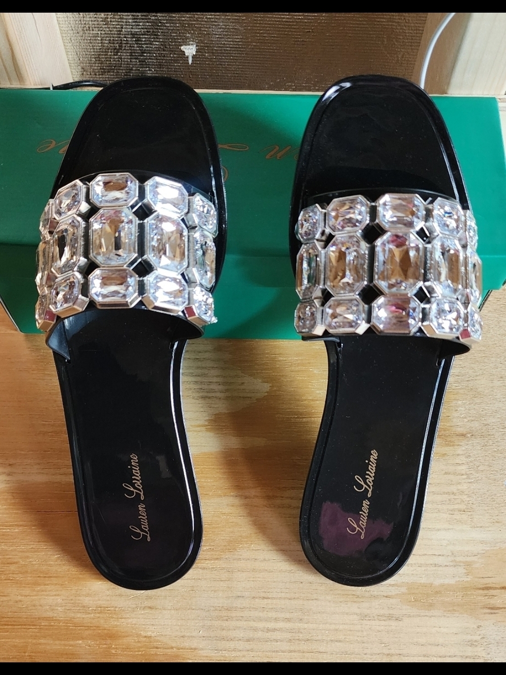 NEW!! Lauren Lorraine Black Slide Sandals with Crystal Embellishment, Sz 9.5,NWT